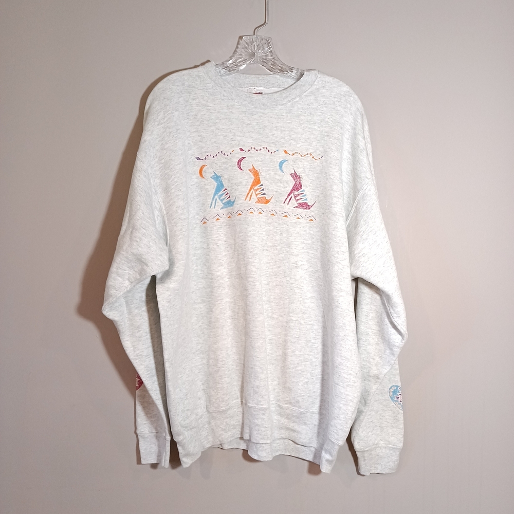 Vintage 90s Fruit of the Loom Heavy Cotton Southwest Wolf Graphic Sweatshirt XL - Picture 1 of 7